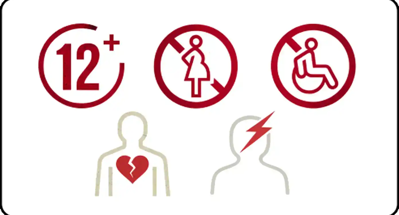 Série de pictogrammes expliquant qu'il est déconseillé aux personnes de moins de 12 ans, femmes enceintes, PMR, cardiaques, épileptiques de jouer la chambre