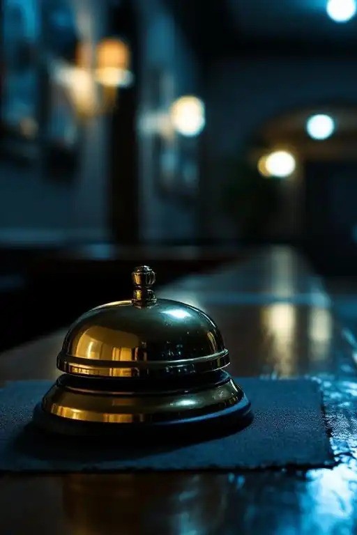 Cloche de réception en métal doré posée sur un comptoir, ambiance tamisée et mystérieuse, idéale pour une immersion dans un escape game ou une soirée enquête.