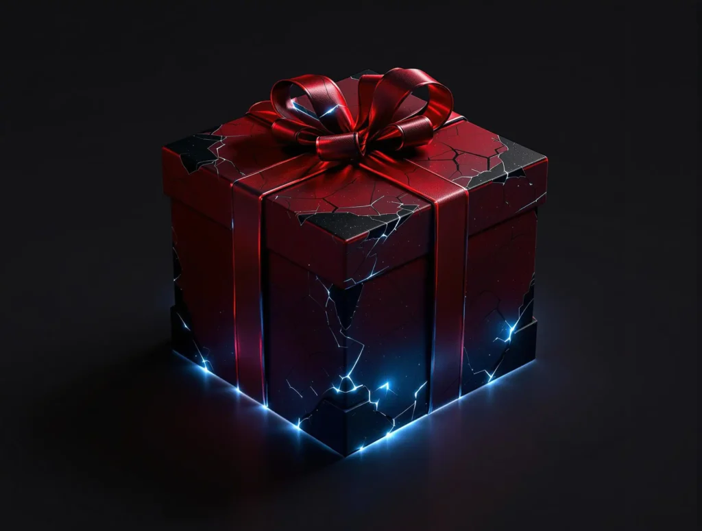 Image d'ne boîte cadeau rouge foncé, fissurée, laisse échapper une lumière bleutée étoilée. Un ruban rouge brillant l’enserre sur fond sombre.