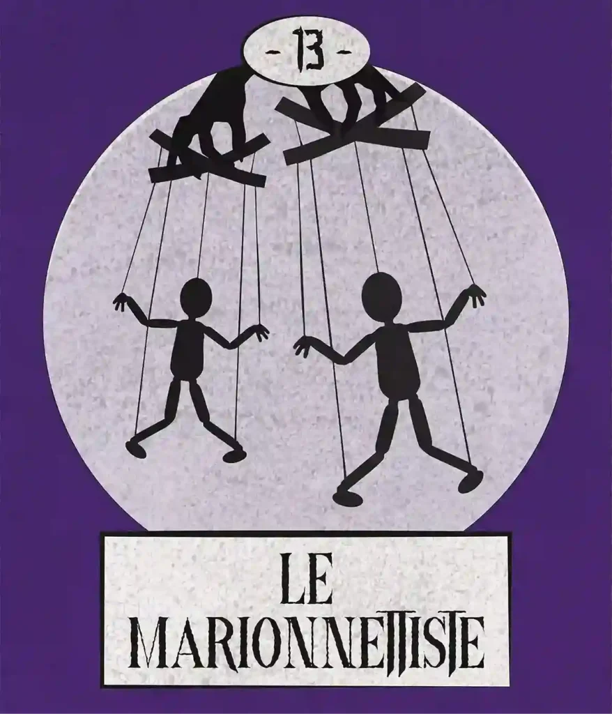 Logo de la chambre du Marionnettiste (13) représentant la silhouette des marionnettes manipulées par des fils que tiennent deux mains.