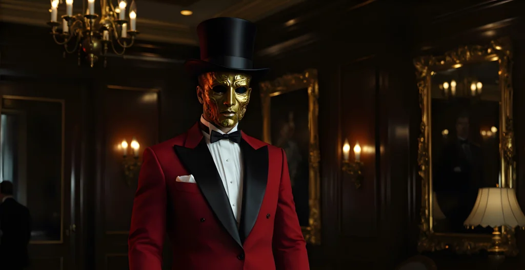 Un majordome mystérieux, vêtu d’une veste rouge sang et d’un costume élégant, porte un masque doré et effrayant. Coiffé d’un haut-de-forme, il incarne l’esprit victorien horrifique de l’hôtel The Hostel, dans une ambiance à la fois raffinée et inquiétante, éclairée par des lustres et des bougies.