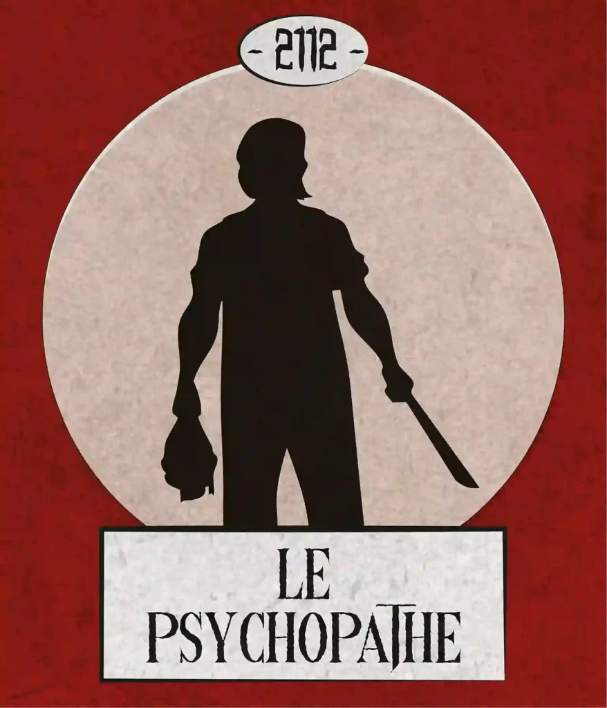 Logo de la chambre du Psychopathe (2112) représentant une silhouette d'un homme avec une tête dans sa main droite et une machette dans la main gauche.