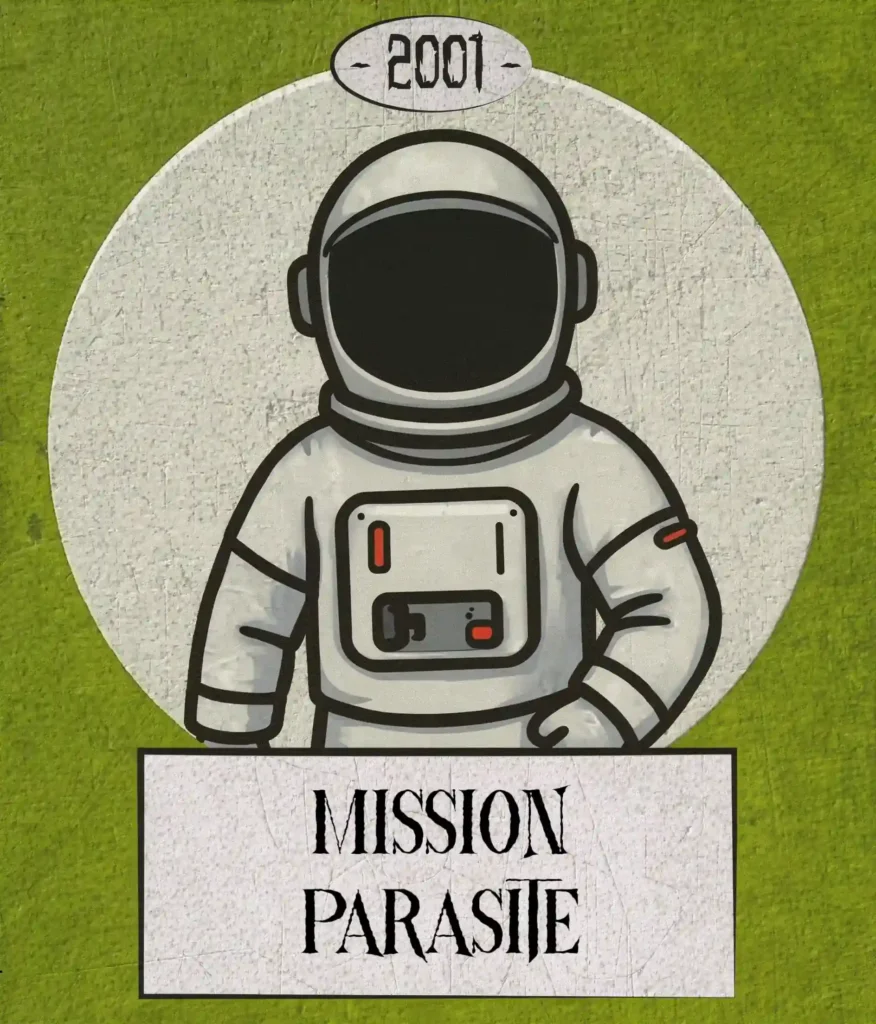Illustration d'une chambre à thème spatial pour enfants à The Hostel : un astronaute stylisé avec la mention "Mission Parasite", pour une ambiance ludique et immersive.