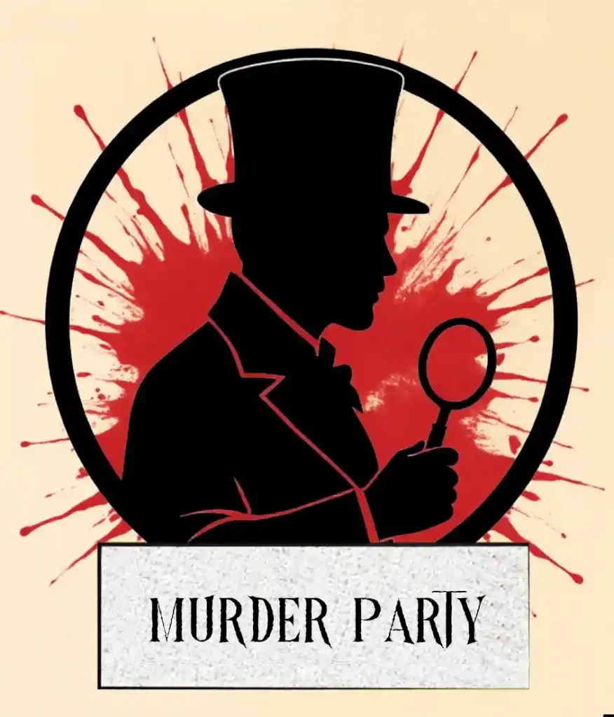 Logo d'une Murder Party à The Hostel : silhouette d'un majordome en chapeau haut-de-forme tenant une loupe, sur fond d'éclaboussures de sang, ambiance mystérieuse.