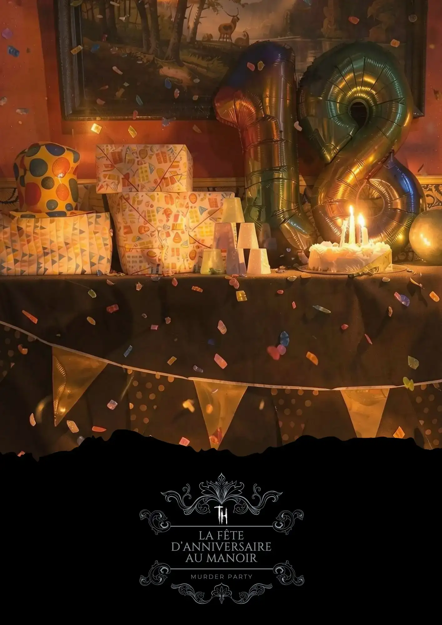 Table décorée pour un anniversaire avec un gâteau à bougies, des cadeaux, des ballons dorés et argentés, et un chiffre "18" en ballons métallisés, avec le texte "La Fête d'Anniversaire au Manoir - Murder Party" en superposition - Ambiance festive et immersive pour une Murder Party chez The Hostel