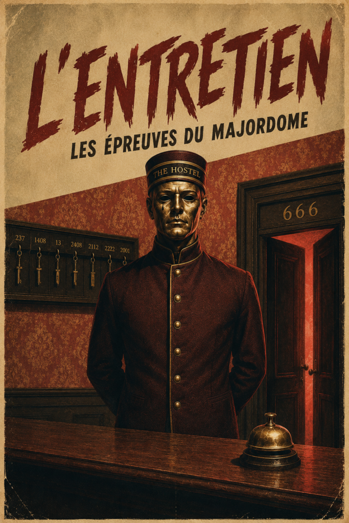 Affiche de l'entretien - les épreuves du majordome où on voit le majordome à son guichet avec les clés de The Hostel derrière lui à sa droite et la porte 666 à sa gauche qui mène vers l'action game