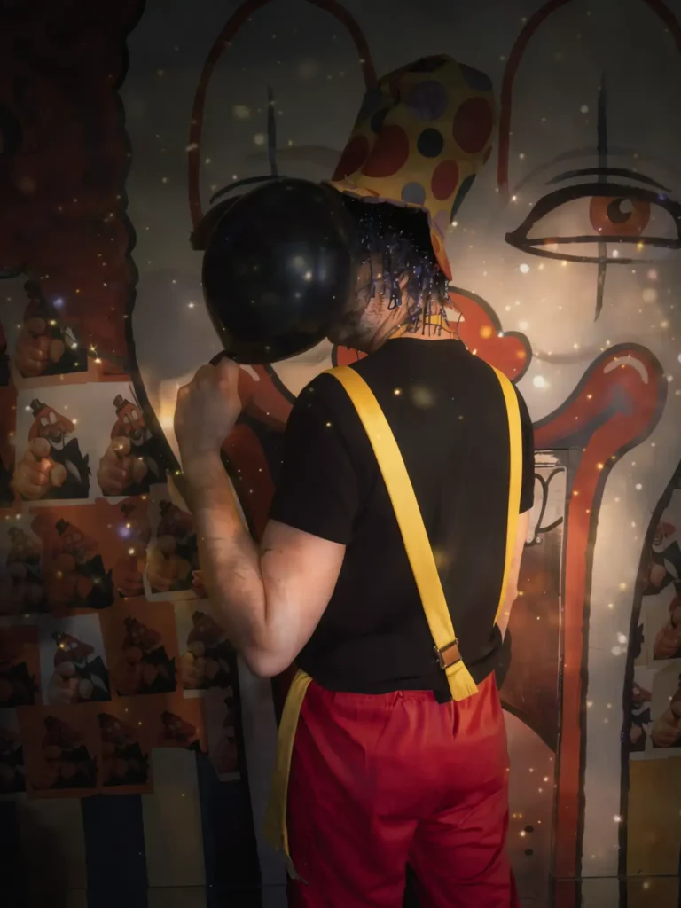 Personnage déguisé en clown avec un chapeau à polka-dots, un masque noir et des bretelles jaunes, de dos devant un mur décoré de motifs colorés et de photos - Ambiance mystérieuse et immersive pour une Murder Party chez The Hostel
