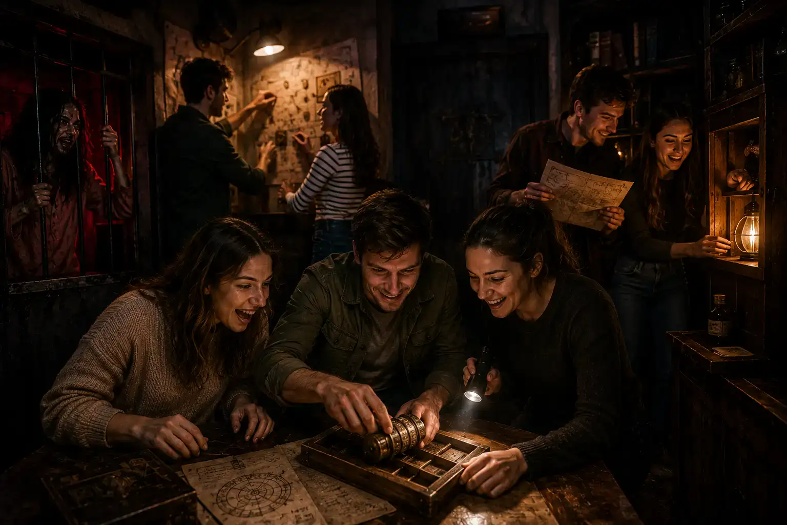 Groupe de joueurs en train de résoudre une énigme autour d'une table en bois, avec une lampe torche, des cartes et un cadenas ancien, dans une pièce sombre et immersive - Ambiance collaborative pour un Escape Game ou une Murder Party chez The Hostel