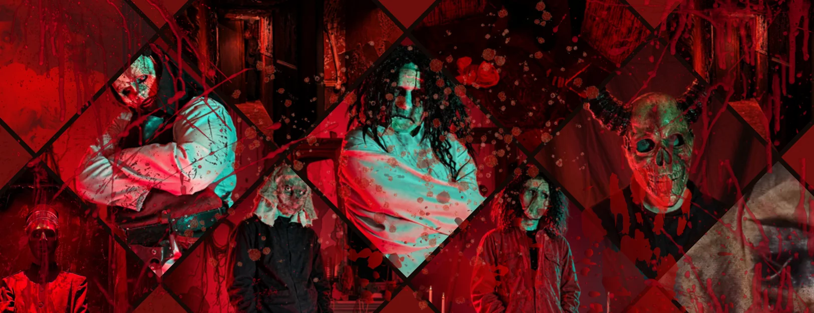 Bannière horizontale horreur : fond rouge sang avec éclaboussures, figures spectrales aux visages pâles et déformés, ambiance gothique et macabre